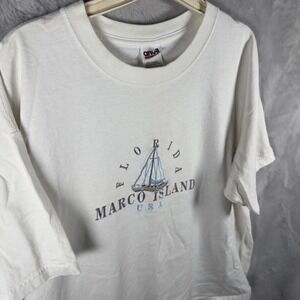 Vintage Anvil Marco Island Florida Boat Embroidered Single Stitch Shirt Mens L